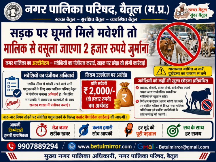 सड़क पर घूमते मिले मवेशी तो मालिक से वसूला जाएगा 2 हजार रुपये जुर्माना